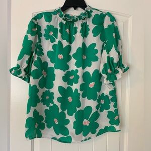 Entro Green and White Puff Sleeve Ruffled Blouse